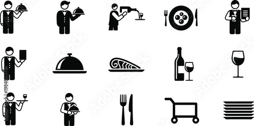 Restaurant staff and food icons set with main course fine dining flat design restaurant catering