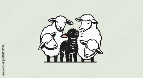 A black lamb is surrounded by white sheep