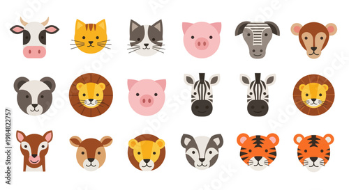Collection of cute animal face vector icons in flat design style