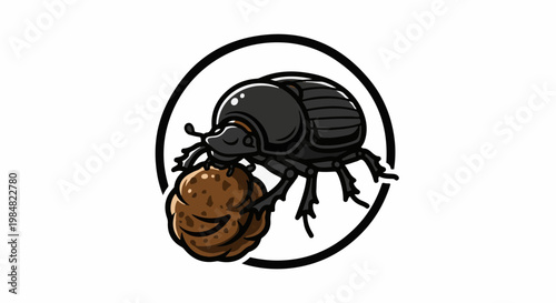 A cartoon dung beetle rolls a ball within a black circle