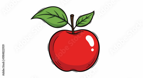 A vibrant red apple with green leaves and a brown stem