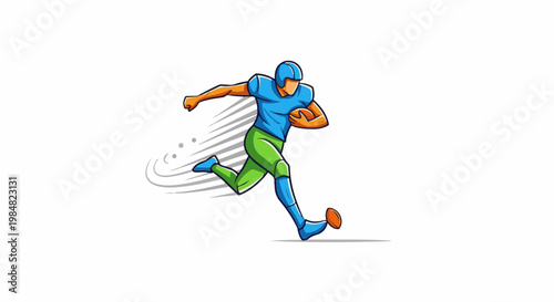 An American football player in blue and green uniform running with a ball