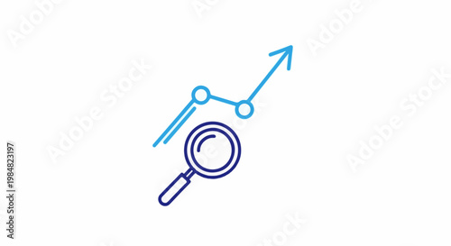 Magnifying glass inspects upward trending graph