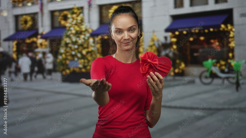 Fototapeta premium Young woman extends hand offering red heart gift box on street storefront with christmas tree; romance generosity.