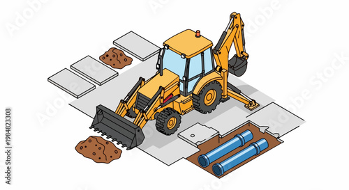 Isometric Backhoe Loader Excavating for Underground Pipe Installation Illustration