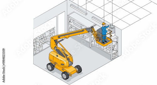 Isometric Illustration of Worker in Cherry Picker Boom Lift Working in Warehouse Logistics Center