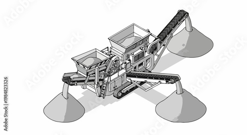 Isometric Illustration of a Mobile Stone Crusher and Aggregate Screening Plant for Industrial Construction and Mining