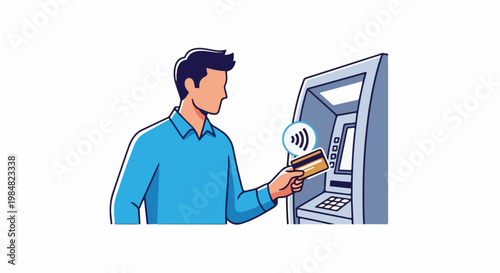 Man using contactless card at ATM for transaction