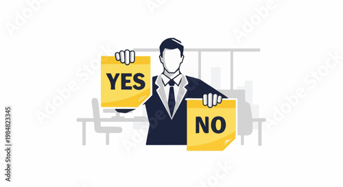 Minimalist illustration of a person in a suit holding "YES" and "NO" signs