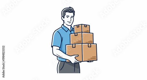 Man in blue shirt carrying stack of brown cardboard boxes