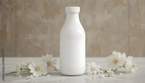 Mockup of a white plastic yogurt or milk bottle featuring a blank label

