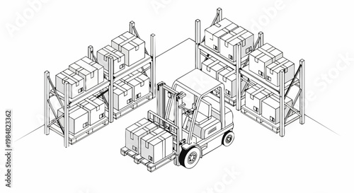 Isometric Warehouse Logistics Illustration with Forklift Truck and Storage Shelves, Black and White Line Art Technical Drawing