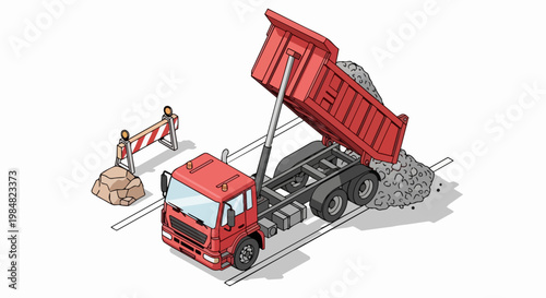 Isometric Red Dump Truck Unloading Gravel at Road Construction Site Vector Illustration
