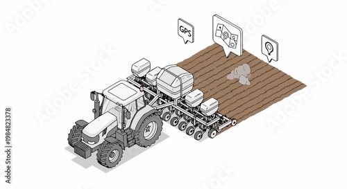 Modern Smart Farming Tractor with Seeder and GPS Navigation Icons, Precision Agriculture Technology Concept, Isometric Line Art Illustration