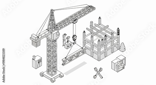Isometric Construction Site Illustration with Tower Crane and Building Frame - Engineering and Development Concept