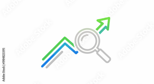 Magnifying glass over upward trending lines, symbolizing growth and analysis