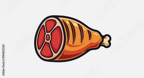 Stylized cartoon depiction of a raw meat slice and a grilled meat leg