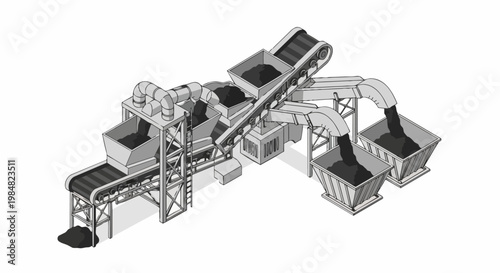 Isometric Illustration of an Industrial Mining and Material Processing Plant with Conveyor Belts, Hoppers, and Sorting Chutes on White Background