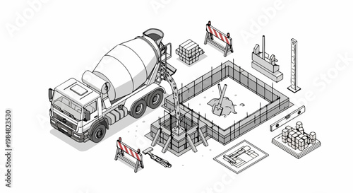 Isometric Construction Site Vector Illustration with Concrete Mixer Truck Pouring Cement Foundation and Architectural Building Tools