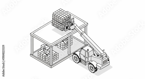 Isometric Telehandler Forklift Loading Pallets onto Warehouse Storage Rack - Line Art Illustration