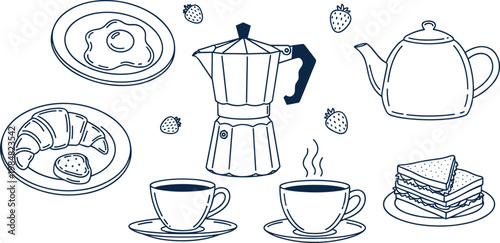 Minimalist breakfast line art icon set featuring moka pot coffee cups teapot fried egg croissant sandwich and strawberries for restaurant graphics
