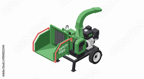 Isometric Green Wood Chipper and Mulcher Machine for Gardening and Forestry, Industrial Wood Shredder Illustration Isolated on White Background