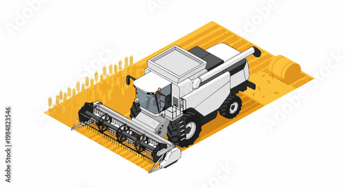 Isometric Modern Combine Harvester Harvesting Wheat Field with Hay Bale, 3D Vector Illustration of Agricultural Machinery and Farming Technology
