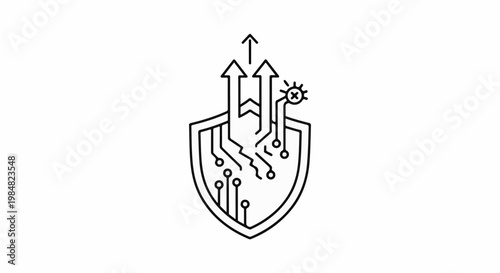 Shield with upward arrows, circuitry, and a virus icon