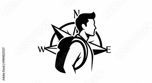 Silhouette of man with backpack against a compass rose indicating directions