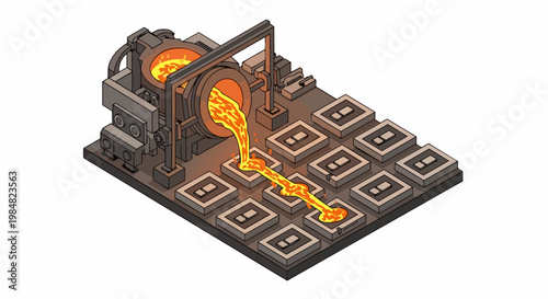 Isometric Industrial Foundry Illustration Showing Molten Steel Poured into Molds, Heavy Industry Metal Casting Process and Manufacturing Production Line Concept