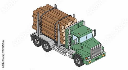 Isometric Green Logging Truck Loaded with Timber Logs Isolated on White Background