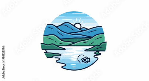 Stylized mountainous landscape with a sunrise over a lake and a leaping fish