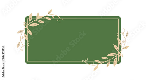 Elegant green rectangular frame decorated with delicate golden leaves and swirling vine accents on a white background