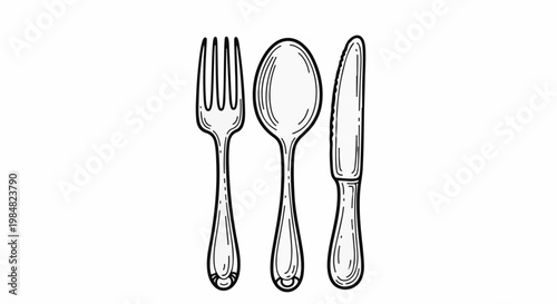 A sketch of a fork, spoon, and knife arranged vertically