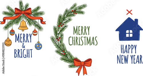 Festive Christmas and New Year illustrations with wreath ornaments cozy house greeting typography winter holiday design