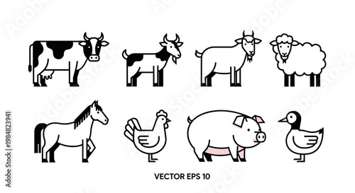 Farm Animals Collection Vector Illustrations.