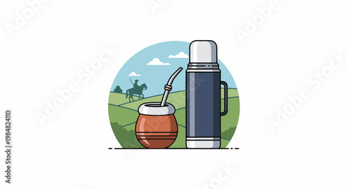 A thermos and gourd sit next to each other with a gaucho riding a horse