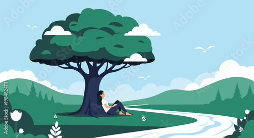 Peaceful woman sits comfortably under the shade of a large leafy tree in a beautiful green landscape with a flowing river and birds.
