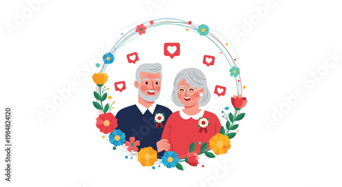 Happy senior man and woman are framed by a beautiful circular floral wreath with red heart icons floating around them on a white background.