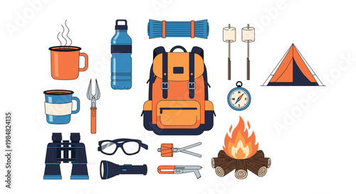 Collection of essential camping and hiking equipment including a backpack, tent, campfire, binoculars, and other outdoor survival tools.