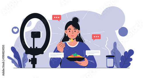 Young woman enjoys a delicious meal while live streaming to her audience using a smartphone mounted on a professional ring light setup.