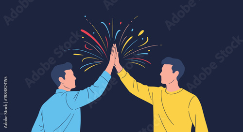 Two men in blue and yellow sweaters celebrate a successful moment by giving each other a high five against a dark background with fireworks.