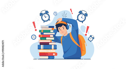 Overwhelmed male student wearing a backpack and headphones sits behind a massive stack of books surrounded by ringing alarm clocks.