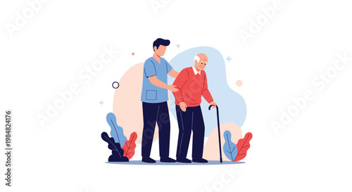 Kind young male nurse in blue scrubs provides support to an elderly man with a walking cane as they walk together in a caring environment.
