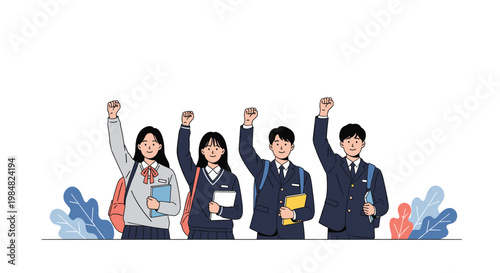 Group of determined high school students in navy uniforms stand together and raise their fists in a gesture of unity and strong spirit.