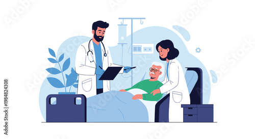 Compassionate doctors provide medical care and consultation to an elderly patient in a hospital ward to ensure proper recovery and health.