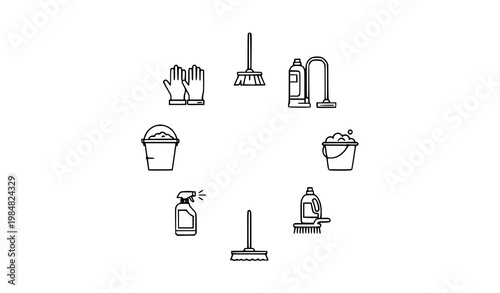 Minimal cleaning line icon circle vector with housekeeping tools for logo badge and interface design