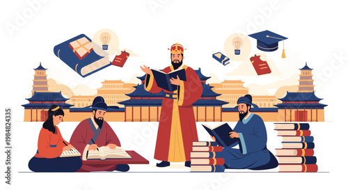 Historical illustration of ancient Chinese scholars and royalty engaged in reading classical texts and writing in a palace courtyard setting.