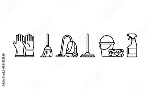 Bold cleaning outline icons vector set with housekeeping equipment symbols for app and business design