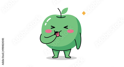 Funny cartoon green apple character with a playful expression sticking its tongue out to represent healthy eating for kids and fun snacks.